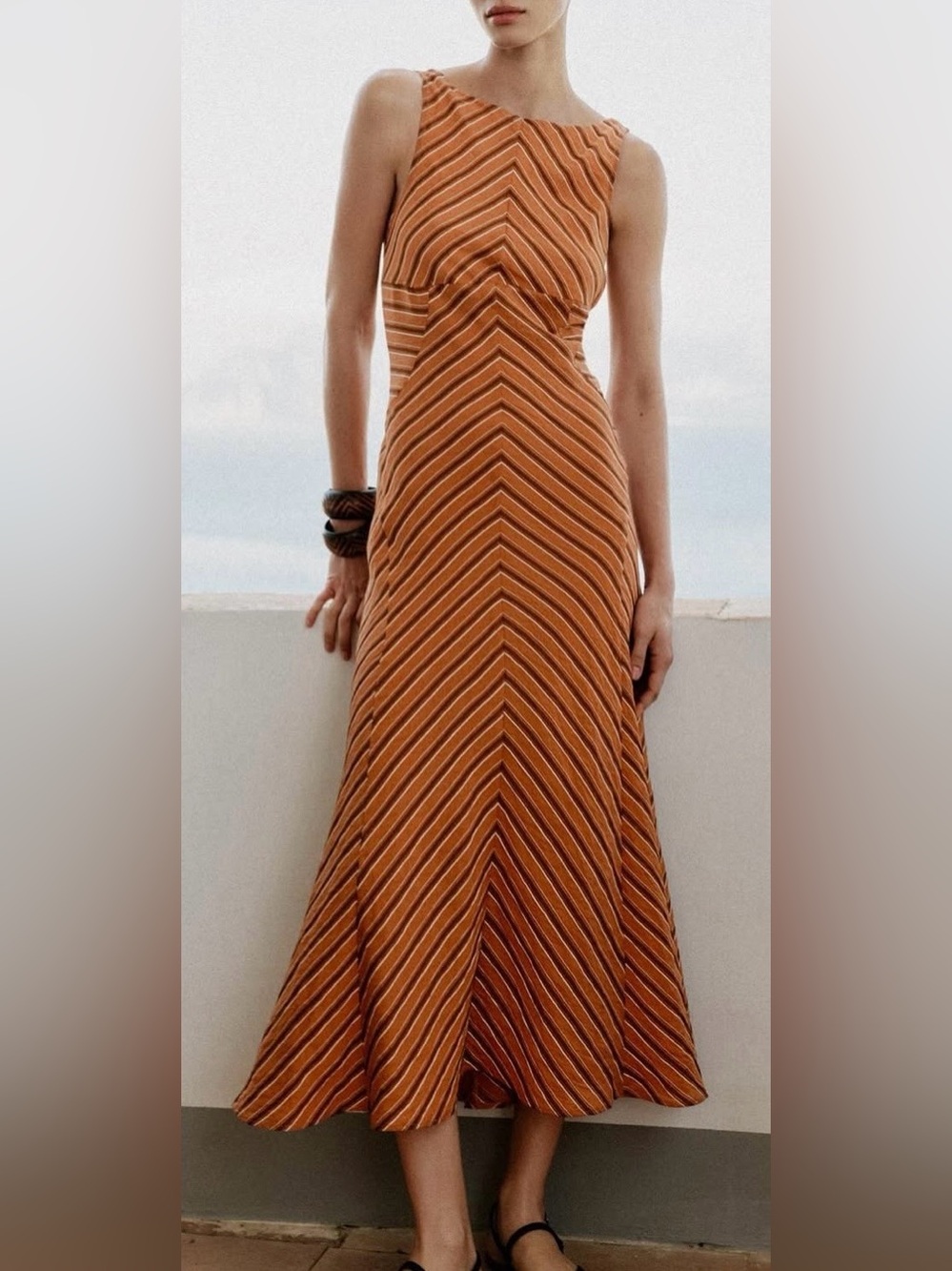 ZARA Sleeveless Striped Linen Blend A-Line Midi Dress Small Rust Brown